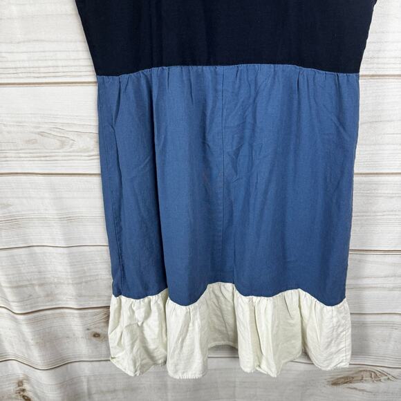 52Seven Blue & White Tiered Colorblock Cap Sleeve Linen Blend Dress Size 12 - Picture 7 of 10